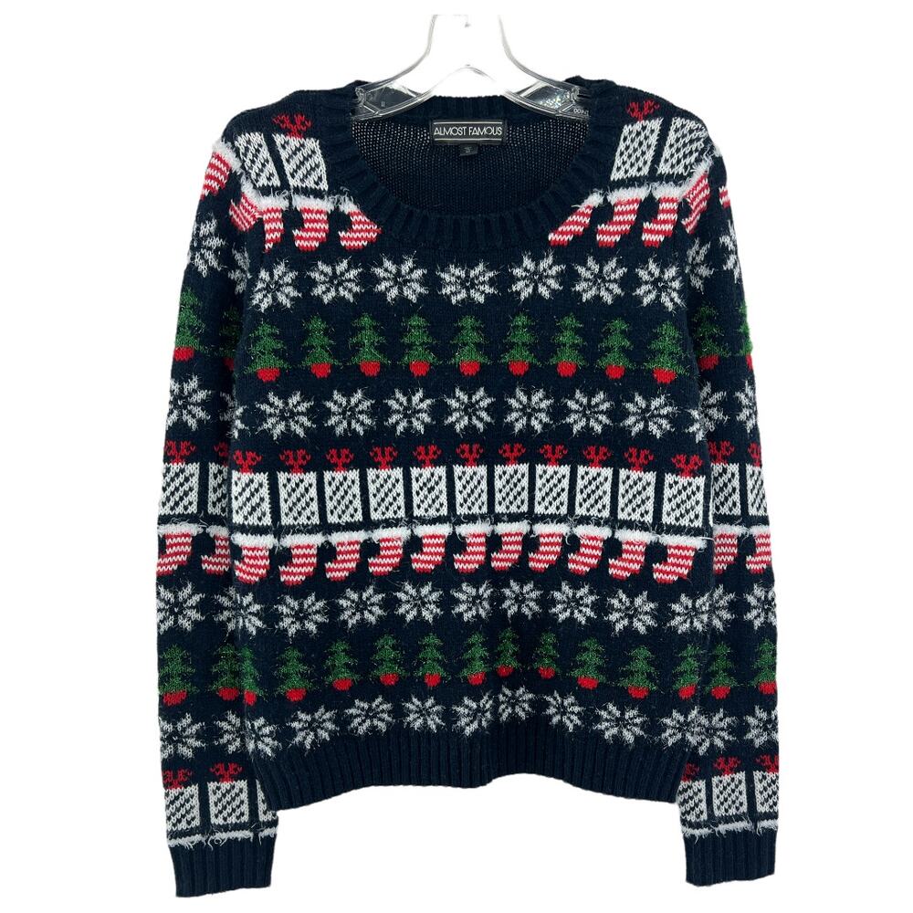 Almost Famous Medium Navy Blue Ugly Christmas Sweater Tinsel Tree Bells Knit M
